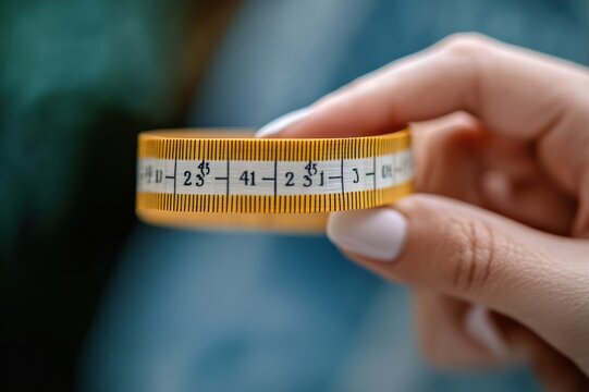 close-up of a hand holding a yellow flexible measuring tape with visible numbers and a precise, focused grip against a soft blurred background