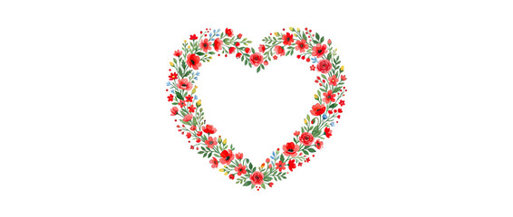 Fototapeta premium Watercolor floral heart shape with red flowers and green leaves