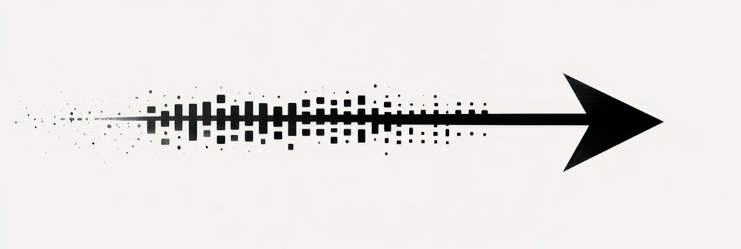 black arrow with geometric triangular head and pixelated disintegrating tail conveying forward motion, momentum, progress and focused determination