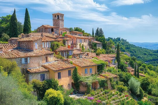 Sunlit hilltop stone village with terracotta roofs, cypress trees, lush Mediterranean gardens and rolling green hills under a bright blue sky, tranquil and idyllic