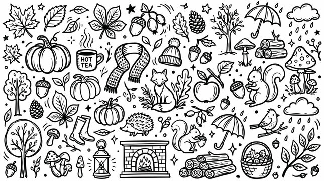 Autumn Nature Pattern in Black and White Hand Drawn Doodle Style