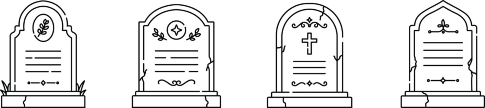 Tomb Inscription Icons Set Vector, Gravestone Epitaph, Memorial Headstone and Cemetery Line Art Collection