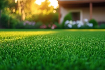 Naklejka premium close-up of lush green lawn blades in a sunlit backyard with blurred house, flowers and shrubs at golden hour conveying a peaceful inviting mood