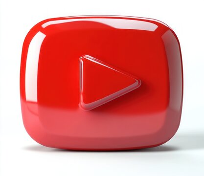 glossy red 3d play button icon on white background with rounded rectangle shape and central triangular play symbol, shiny reflective surface conveying playful inviting energy