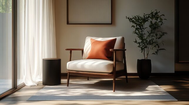 Sunlit cozy corner with wooden armchair, white cushion and rust pillow, sheer curtains, small black side table, potted plant, area rug and framed art conveying calm inviting mood