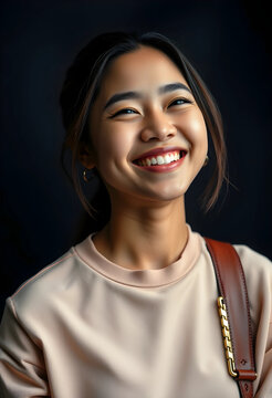 Smiling young asian woman with dimples and bright white teeth, expressing happiness and positive emotion, the portrait captures her cheerful and confident demeanor against a dark background