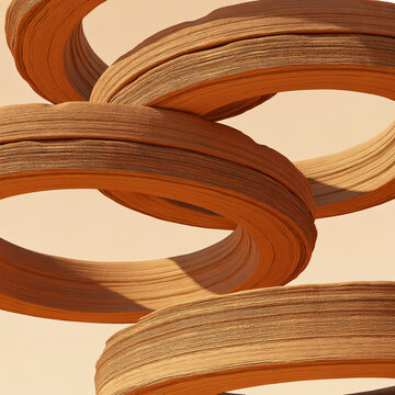 Geometric interlocking rings of textured sandstone material creating three dimensional architectural abstract sculpture.