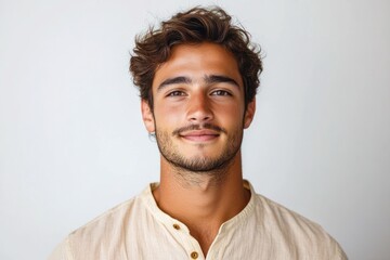 Fototapeta premium portrait of an anonymous young man with blurred face, tousled brown hair, light stubble, wearing a cream linen shirt with open collar, neutral relaxed pose against a plain light background