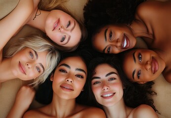Obraz premium Five women lying in a circle with heads together, diverse hair textures and skin tones, bare shoulders on a neutral surface, conveying relaxed intimate warmth and close friendship