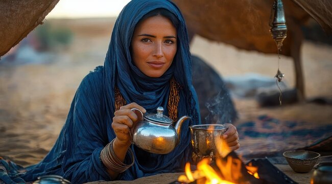 person in blue headscarf and layered robes pouring tea from a metal teapot into a cup by a small campfire beside a resting camel, warm tranquil moment