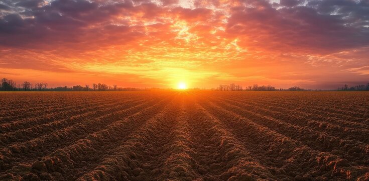 sunrise over freshly plowed field with neat furrows leading to distant tree line under a dramatic orange and purple sky, peaceful hopeful mood