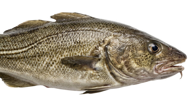 Fresh Atlantic cod fish with detailed scales and fins on a white background