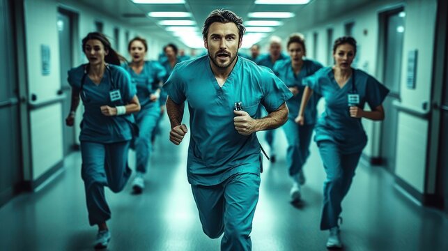 Determined medical team in teal scrubs racing down a hospital corridor with urgency and focused intensity