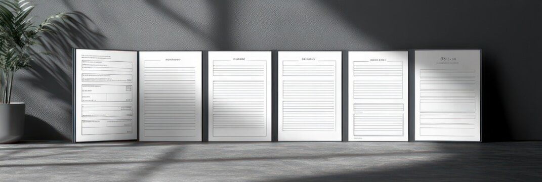 row of seven framed minimal document prints leaning against a dark gray wall with a potted plant and dramatic window-blind shadows, calm and organized mood