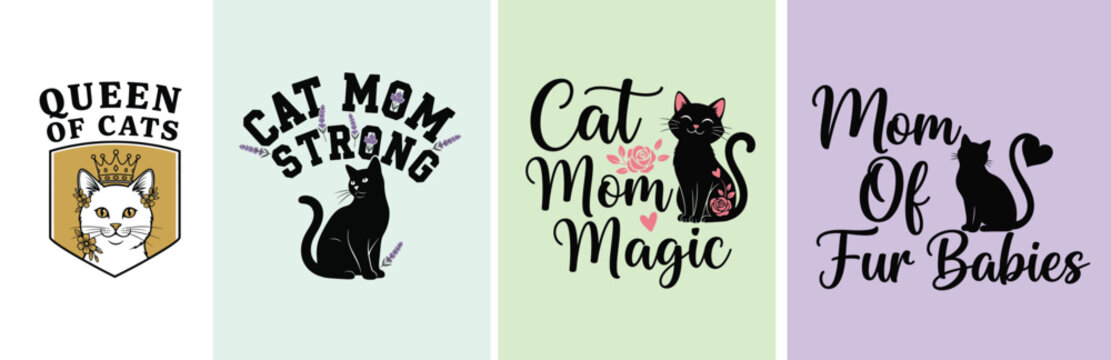 Set of four cute cat mom t-shirt designs with lettering and animal graphics