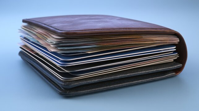 Stacked Leather Wallet Overflowing with Cash and Credit Cards