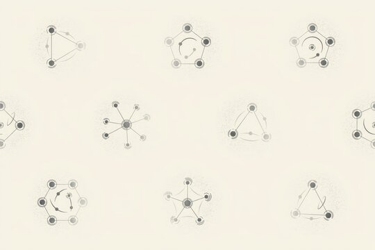 Minimalist pattern of geometric science and atomic structures with thin gray lines and dots arranged on a solid light cream background surface