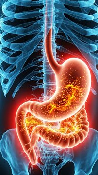 Digestive System Anatomy A vibrant glowing illustration of the human digestive system highlighting the stomach and intestines within a skeletal structure