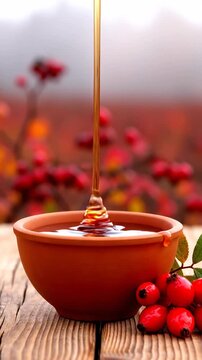 Thick Golden Honey Pouring Into a Rustic Clay Bowl with Fresh Organic Red Rose Hips on a Weathered Wooden Table Backdrop