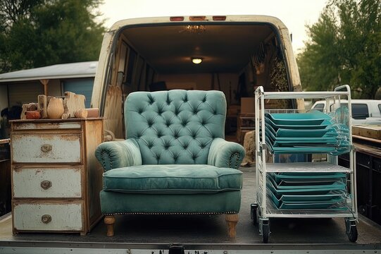 teal tufted vintage armchair on a pickup bed between a distressed white dresser with pottery and a metal cart stacked with teal trays, warm inviting nostalgic scene