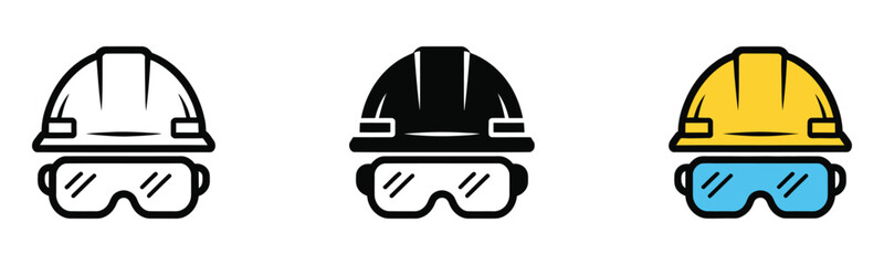 Fototapeta premium Hard hat with goggles icon, featuring construction helmet, safety mask, protection glasses, engineer equipment, workplace safety, and clean flat vector design.