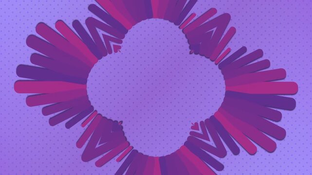 Seamless 4K 3D animation. Central quatrefoil shape with pulsing magenta and purple rays. Volumetric paper cut layered effect with shadows on a dotted background. Perfect stock footage loop