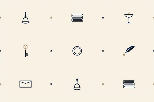 Minimalist seamless pattern featuring hotel like service bells, folded towels, vintage keys, champagne glasses, and envelopes on cream
