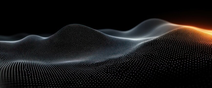 undulating dotted mesh landscape of glowing white points on a dark background with a warm orange highlight on the horizon, serene futuristic abstract waves
