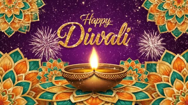 Happy Diwali greeting with lit diya and floral mandalas