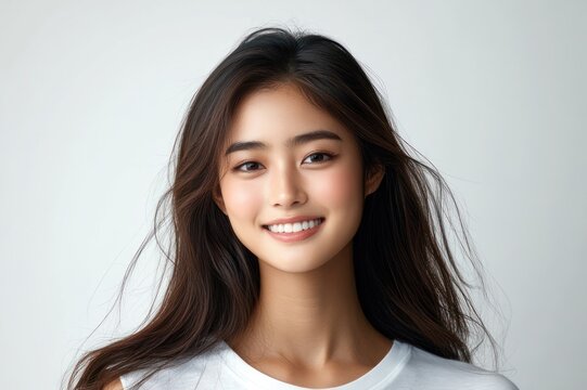 person with long dark wavy hair wearing a white t-shirt against a neutral background, face pixelated and emotion concealed
