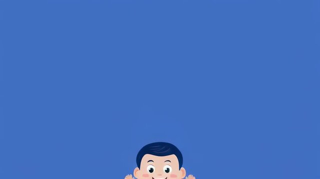 Animated child character with open arms in a blue void during daytime with a simple concept