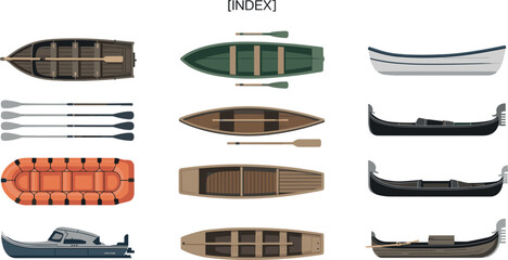 Wooden Boats and Gondolas Vector Set with Top View and Side View Elements Including Inflatable Rafts, Oars, and Canoes for Marine Travel Illustration Designs © Afasana