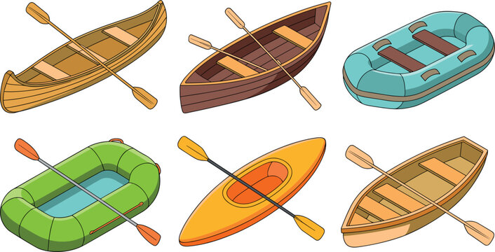 Isometric Cartoon Boat Vector Set Featuring Wooden Canoes, Kayaks, and Inflatable Rafts with Oars for Outdoor Recreation and Water Sports Design Graphic Elements