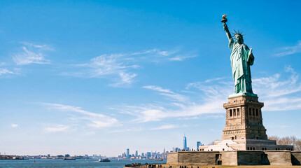 Fototapeta premium Statue of Liberty New York City Skyline Bright Blue Sky