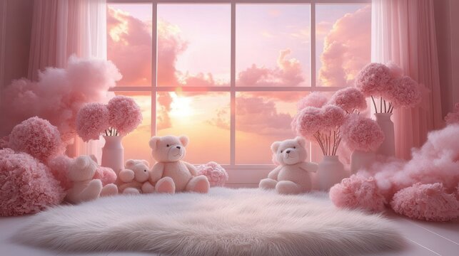three plush teddy bears on a white faux fur rug in a pastel pink room by a large window with cotton-candy clouds and pompom flower arrangements, dreamy cozy sunset glow