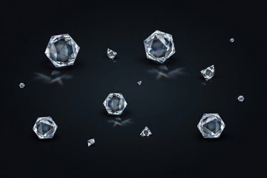 Multiple clear faceted diamonds and small crystal shards floating against a dark black background, with sharp reflections, and bright highlights