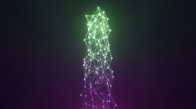 Futuristic 3D vertical plexus network of glowing connected dots and lines on a dark background