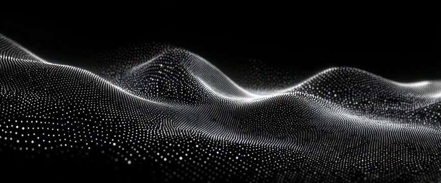 monochrome undulating field of glowing dots forming a flowing point cloud wave, evoking a calm futuristic mystery