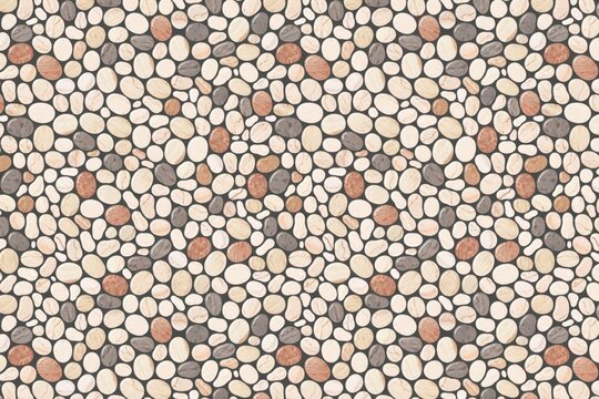 Natural stone pebble texture background, featuring a dense, arrangement of smooth, river rocks in, shades of beige, grey, brown, and, terracotta colors
