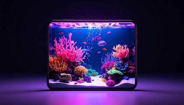 Vibrant aquarium scene within a display colorful fish and coral displayed