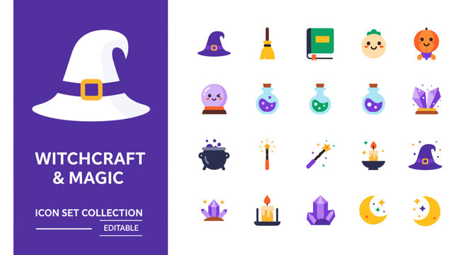 Colorful Witchcraft and Magic Flat Vector Icon Set for Halloween and Fantasy Projects