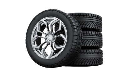 Isolated new automobile tires with shiny chrome rim and a stack of black car wheels © Conor
