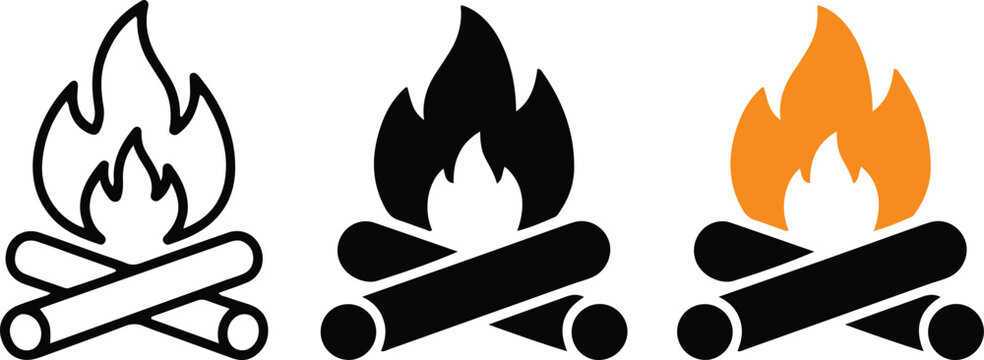 Campfire Icons Vector Set, Bonfire Flame Symbols, Firewood Camping Logo Collection, Outdoor Fire Illustration .