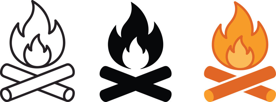 Campfire Icons Vector Set, Bonfire Flame Symbols, Firewood Camping Logo Collection, Outdoor Fire Illustration .