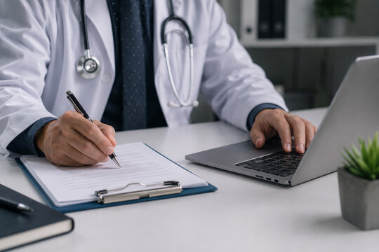 Doctor writing medical record prescription document healthcare clinic stethoscope desk laptop hospital patient health treatment diagnosis professional physician administration concept.