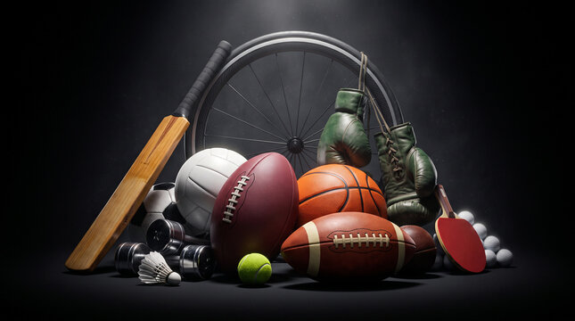 A collection of various sports equipment including a cricket bat, footballs, basketball, boxing gloves, and a wheelchair wheel against a dark background