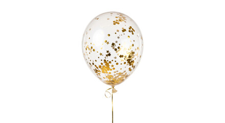 A single clear balloon filled with golden confetti floats against a white background © Sapphire