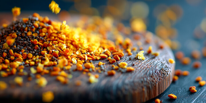 Bee pollen granules and bee bread on rustic board
