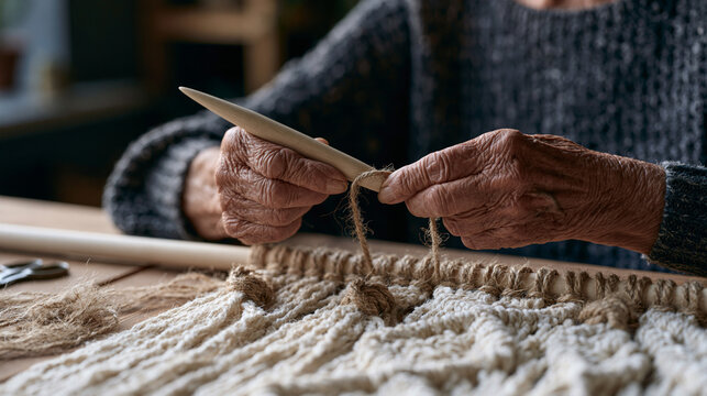 Close up of weathered hands threading a large blunt needle through thick jute twine, beginning a macrame wall hanging knotted over a dowel rod on a wooden floor, loose fibers and