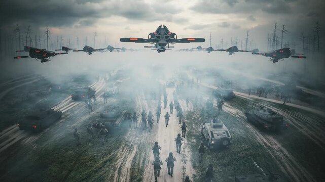 Massive Military Drone Swarm Coordinating Ground Assault, AI Powered Future Warfare Concept